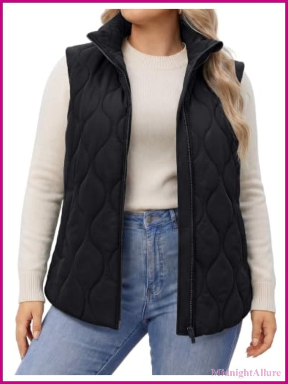 Plus Size Quilted Puffer Vest Stand Collar Zip Up Sleeveless Outerwear